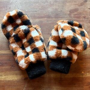 Checkered Fuzzy Kids Mittens - Black, White, and Brown